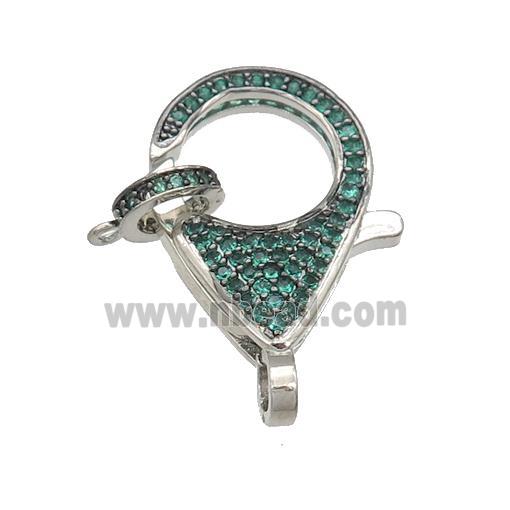 copper Lobster Clasp paved green zircon, platinum plated