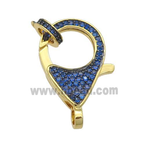 copper Lobster Clasp paved blue zircon, gold plated