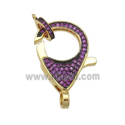copper Lobster Clasp paved hotpink zircon, gold plated