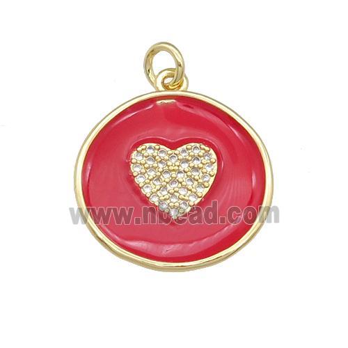 copper coin Heart pendant paved zircon with red enamel, gold plated