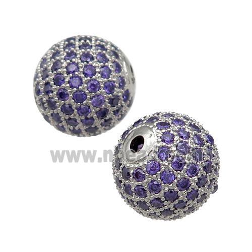 round copper Beads pave purple zircon, platinum plated