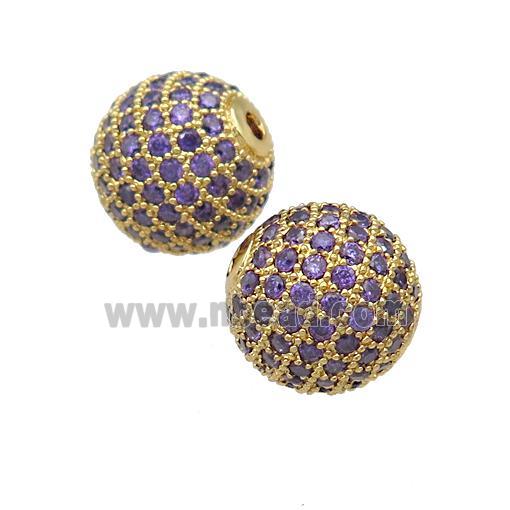round copper Beads pave purple zircon, gold plated