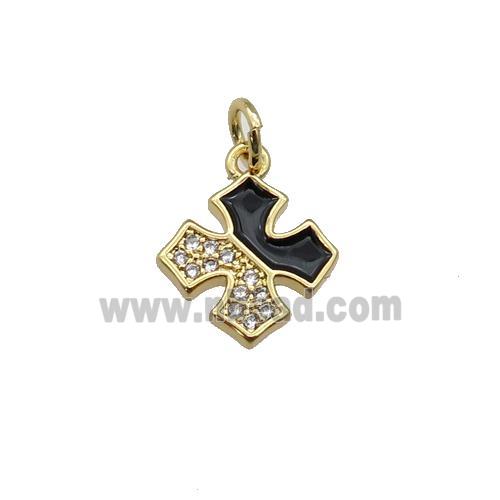 copper cross pendant paved zircon with black enamel, gold plated