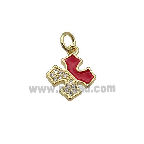 copper cross pendant paved zircon with red enamel, gold plated