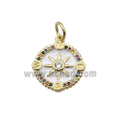 copper Compass pendant paved zircon with white enamel, gold plated