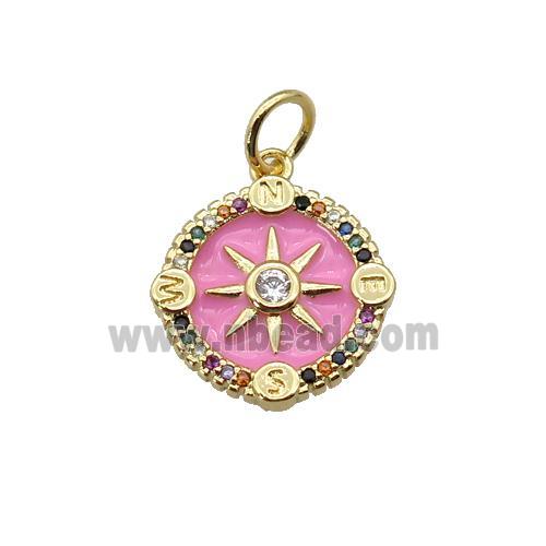copper Compass pendant paved zircon with pink enamel, gold plated