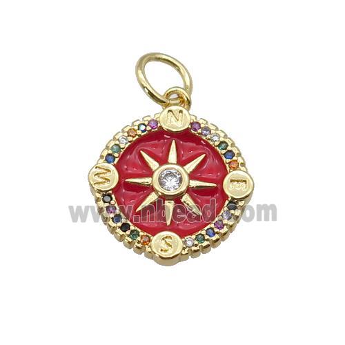 copper Compass pendant paved zircon with red enamel, gold plated