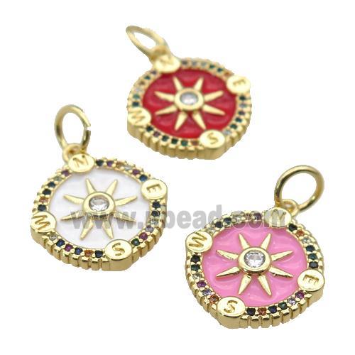 copper Compass pendant paved zircon with enamel, gold plated, mixed