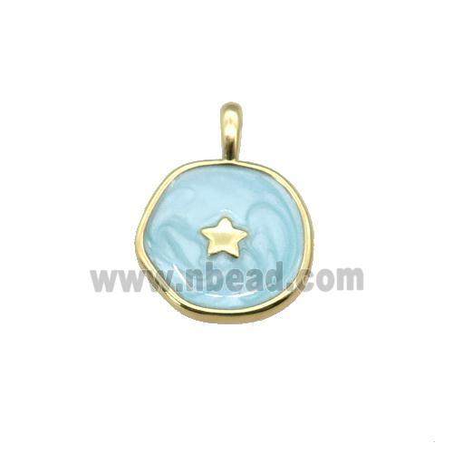 copper coin pendant with teal enamel, star, gold plated