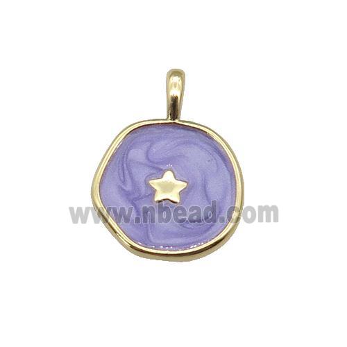 copper coin pendant with lavender enamel, star, gold plated