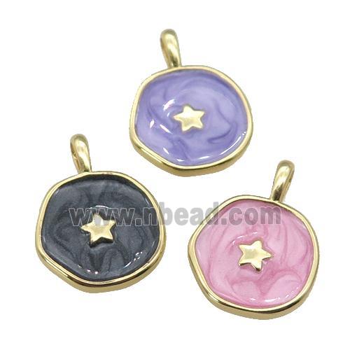 copper coin circle pendant with enamel, star, gold plated, mixed