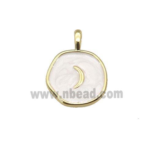 copper coin pendant with white enamel, moon, gold plated