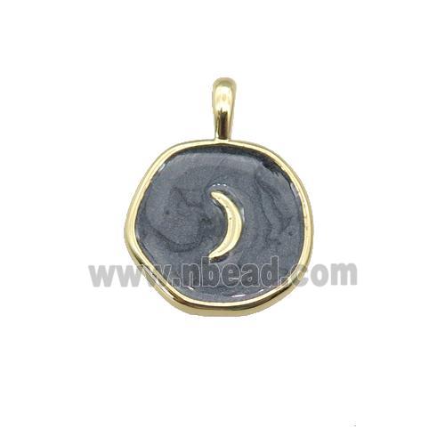 copper coin pendant with black enamel, moon, gold plated