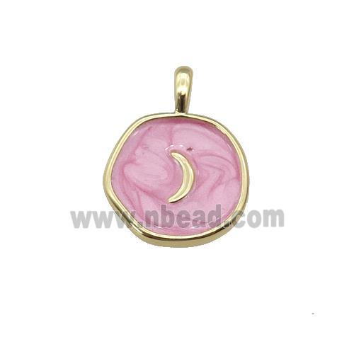 copper coin pendant with pink enamel, moon, gold plated