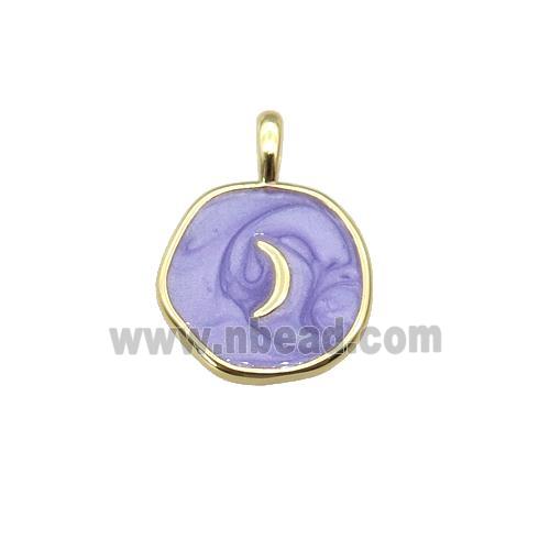 copper coin pendant with lavender enamel, moon, gold plated