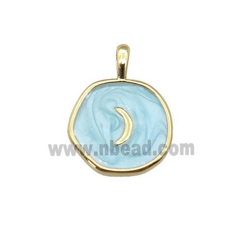 copper coin pendant with teal enamel, moon, gold plated