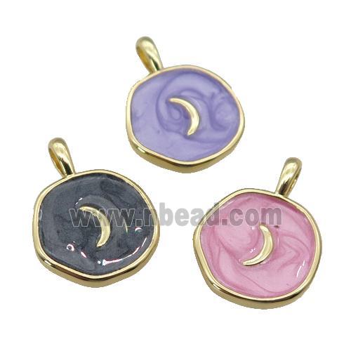 copper coin circle pendant with enamel, moon, gold plated, mixed