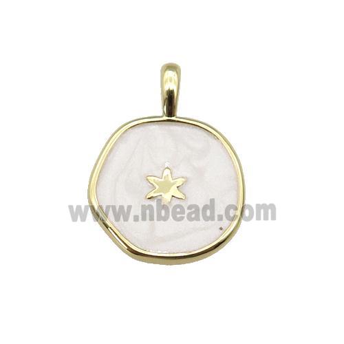 copper coin pendant with white enamel, star, gold plated