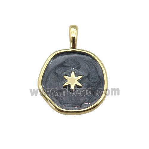 copper coin pendant with black enamel, star, gold plated
