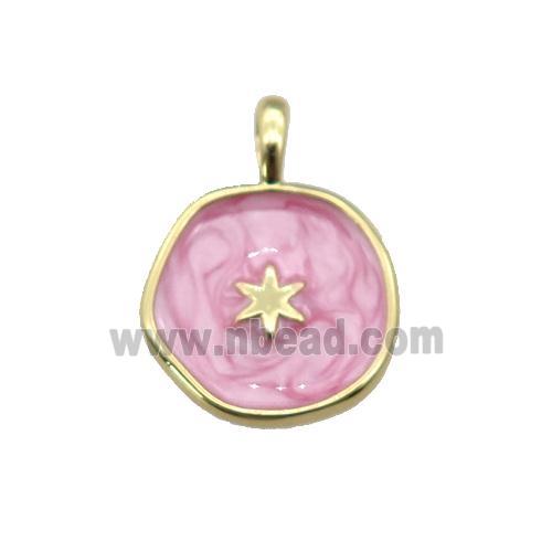 copper coin pendant with pink enamel, star, gold plated