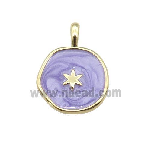 copper coin pendant with lavender enamel, star, gold plated