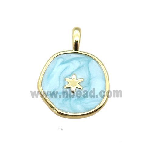 copper coin pendant with teal enamel, star, gold plated