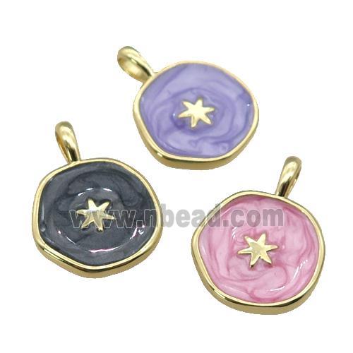 copper circle coin pendant with enamel, star, gold plated, mixed