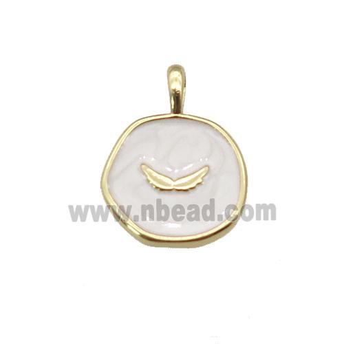 copper coin pendant with white enamel, wing, gold plated