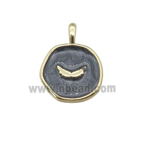 copper coin pendant with balck enamel, wing, gold plated
