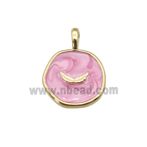 copper coin pendant with pink enamel, wing, gold plated