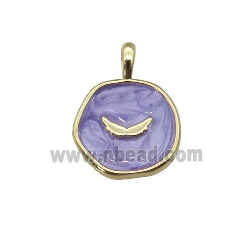copper coin pendant with lavender enamel, wing, gold plated