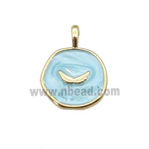 copper coin pendant with teal enamel, wing, gold plated