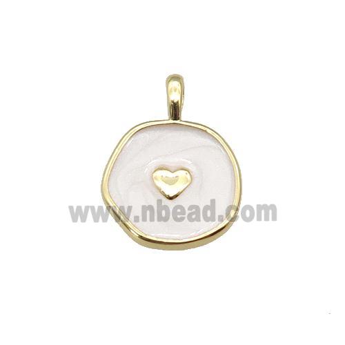 copper coin pendant with white enamel, heart, gold plated