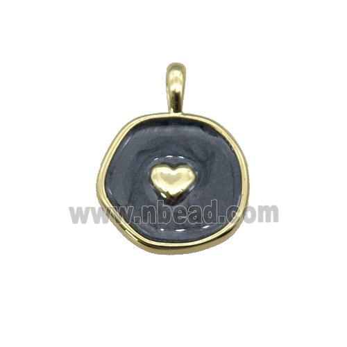 copper coin pendant with black enamel, heart, gold plated