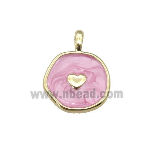 copper coin pendant with pink enamel, heart, gold plated