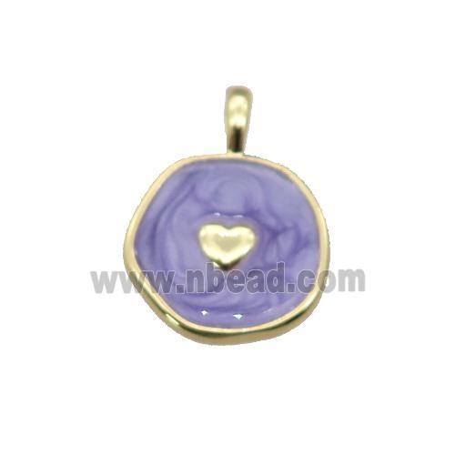 copper coin pendant with lavender enamel, heart, gold plated