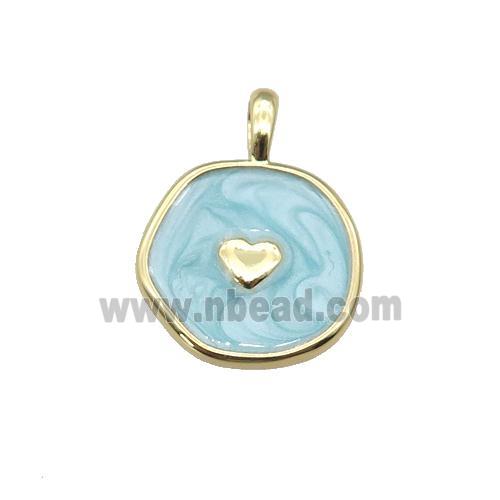 copper coin pendant with teal enamel, heart, gold plated