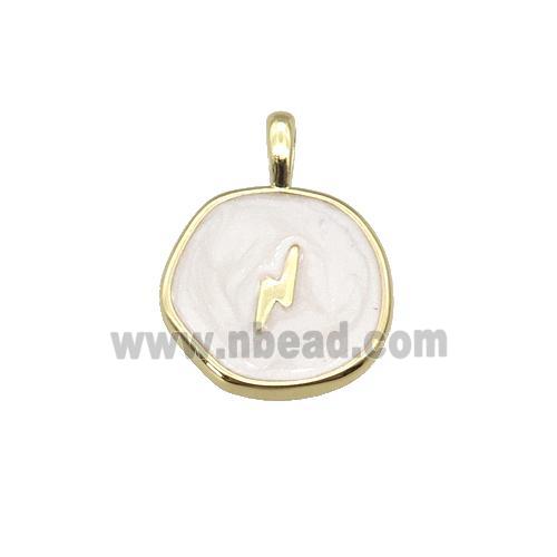 copper coin pendant with white enamel, lightning, gold plated