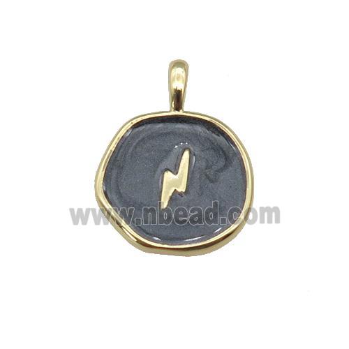 copper coin pendant with black enamel, lightning, gold plated