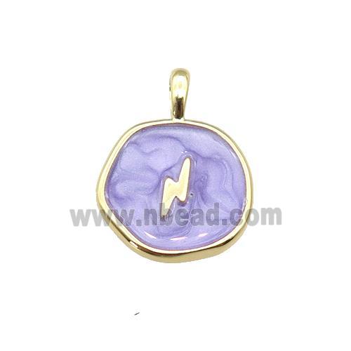 copper coin pendant with lavender enamel, lightning, gold plated
