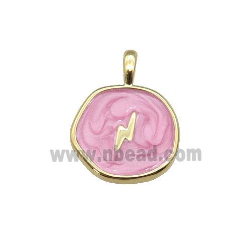 copper coin pendant with pink enamel, lightning, gold plated