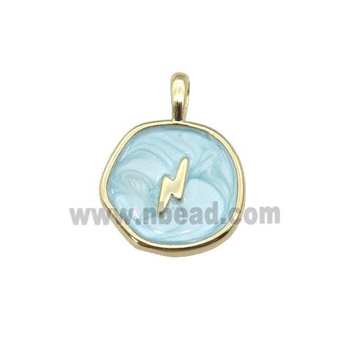 copper coin pendant with teal enamel, lightning, gold plated