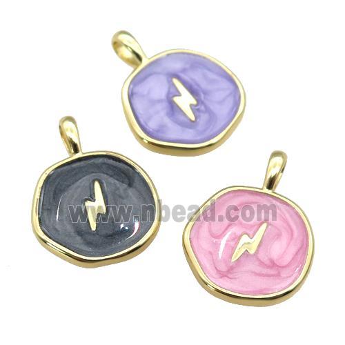 copper coin circle pendant with enamel, lightning, gold plated, mixed