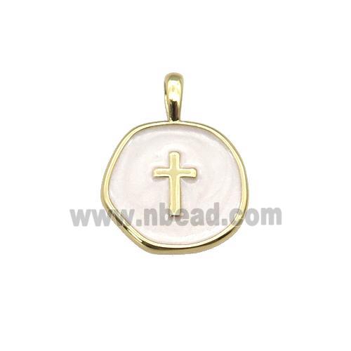 copper coin pendant with white enamel, cross, gold plated