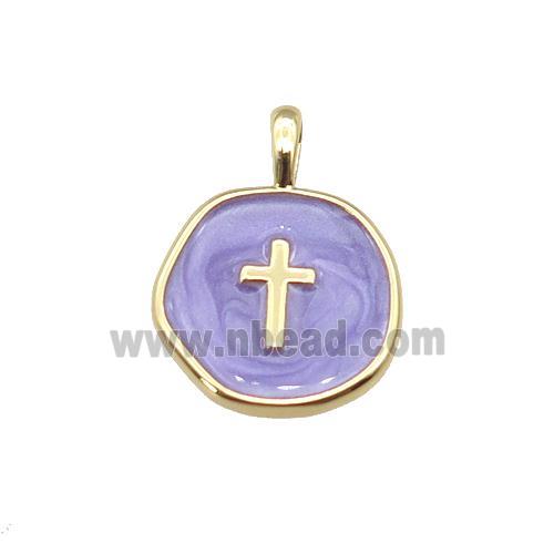 copper coin pendant with lavender enamel, cross, gold plated
