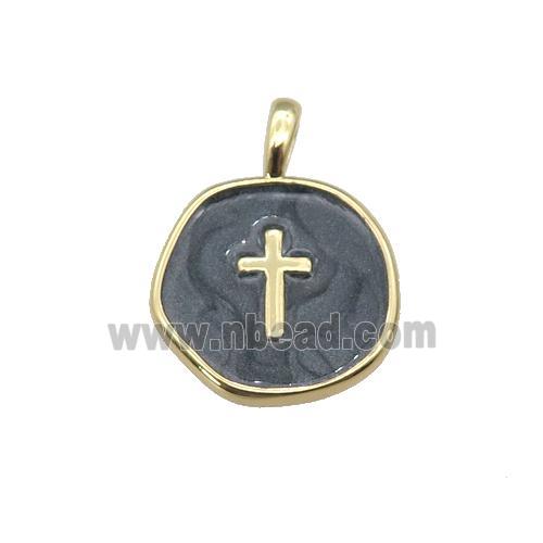 copper coin pendant with black enamel, cross, gold plated