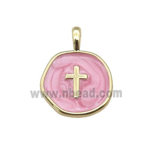 copper coin pendant with pink enamel, cross, gold plated
