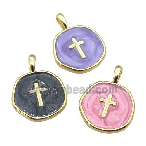 copper coin pendant with enamel, cross, gold plated, mixed