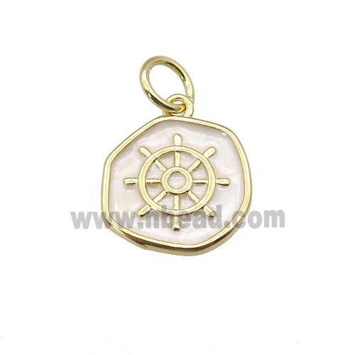 copper coin pendant with white enamel, ships wheel, gold plated