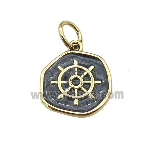 copper coin pendant with black enamel, ships wheel, gold plated